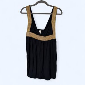 Black Babydoll Tank Top Gold Mesh Trim Empire Waist Deep V Neck Camisole c. 2004